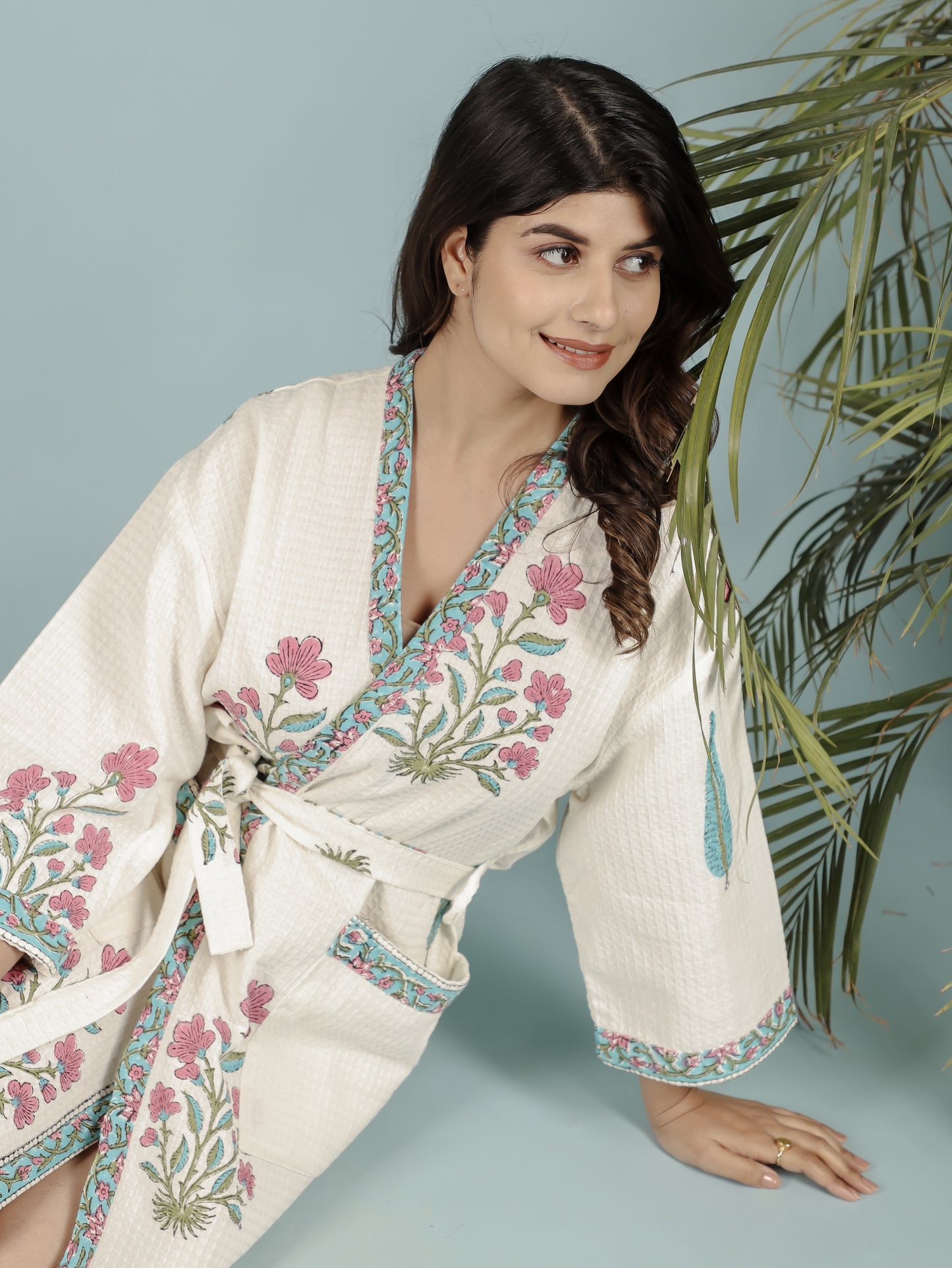 Waffle Cotton Handblock Printed Unisex Bathrobe - Free Size