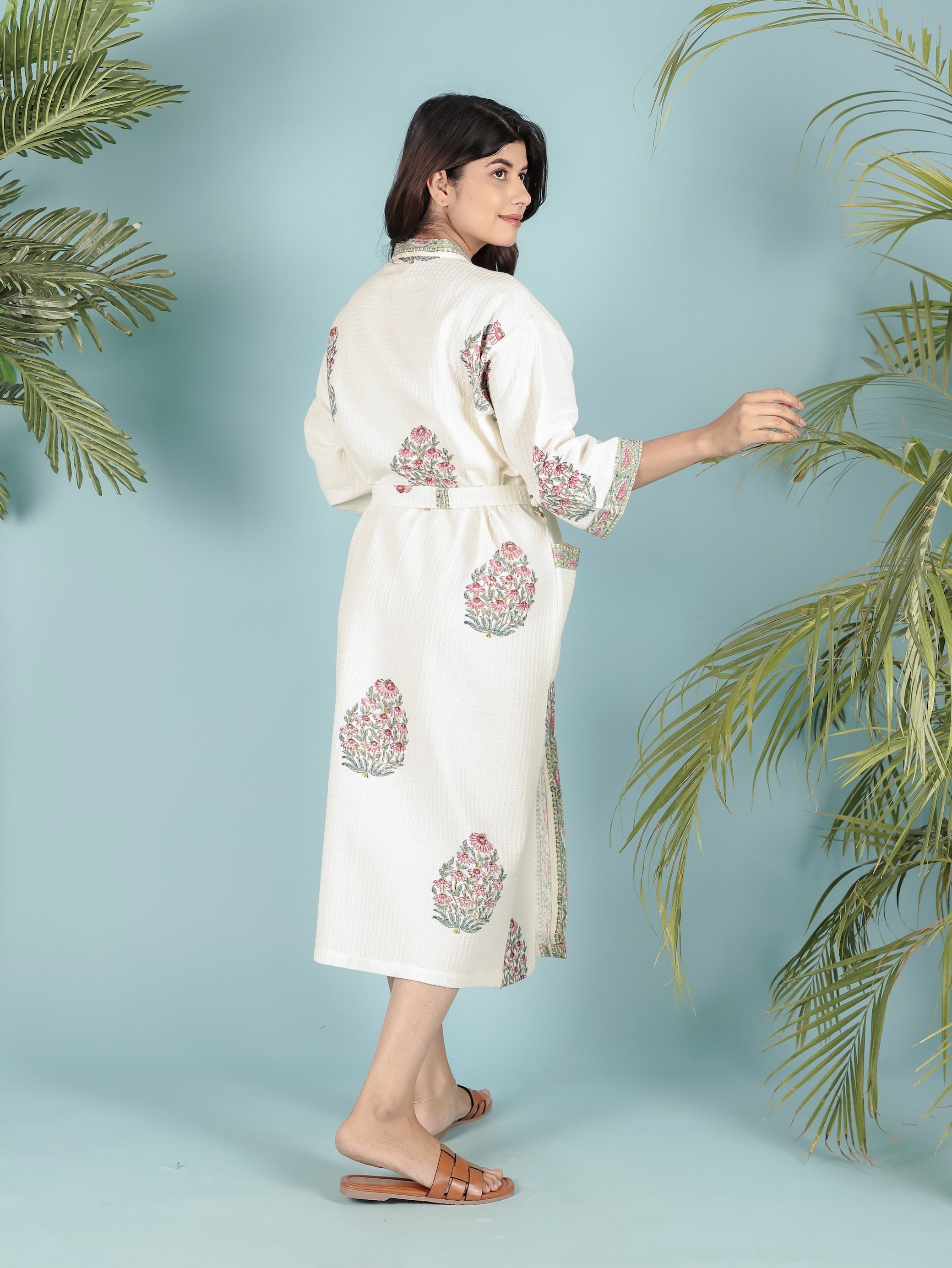 Waffle Cotton Handblock Printed Unisex Bathrobe - Free Size