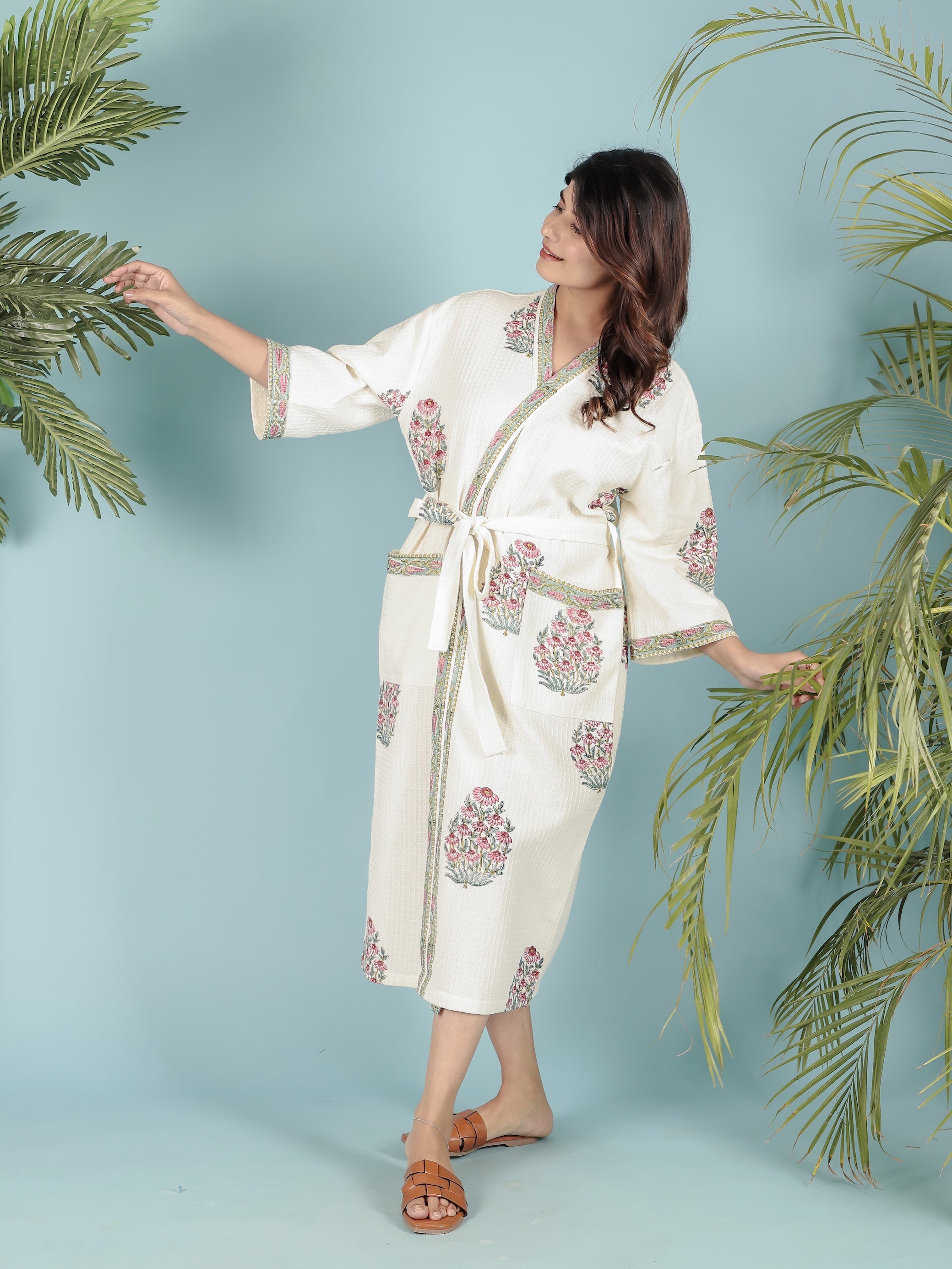 Waffle Cotton Handblock Printed Unisex Bathrobe - Free Size