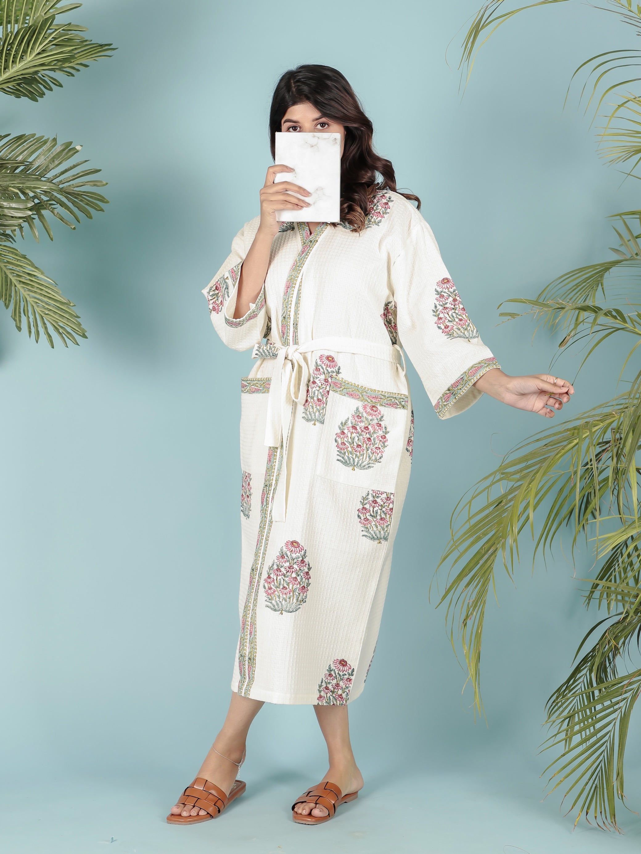 Waffle Cotton Handblock Printed Unisex Bathrobe - Free Size