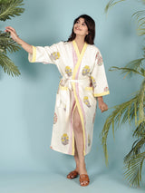 Waffle Cotton Handblock Printed Unisex Bathrobe - Free Size