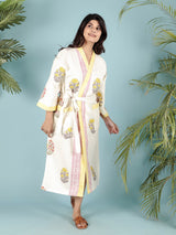 Waffle Cotton Handblock Printed Unisex Bathrobe - Free Size