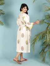 Waffle Cotton Handblock Printed Unisex Bathrobe - Free Size
