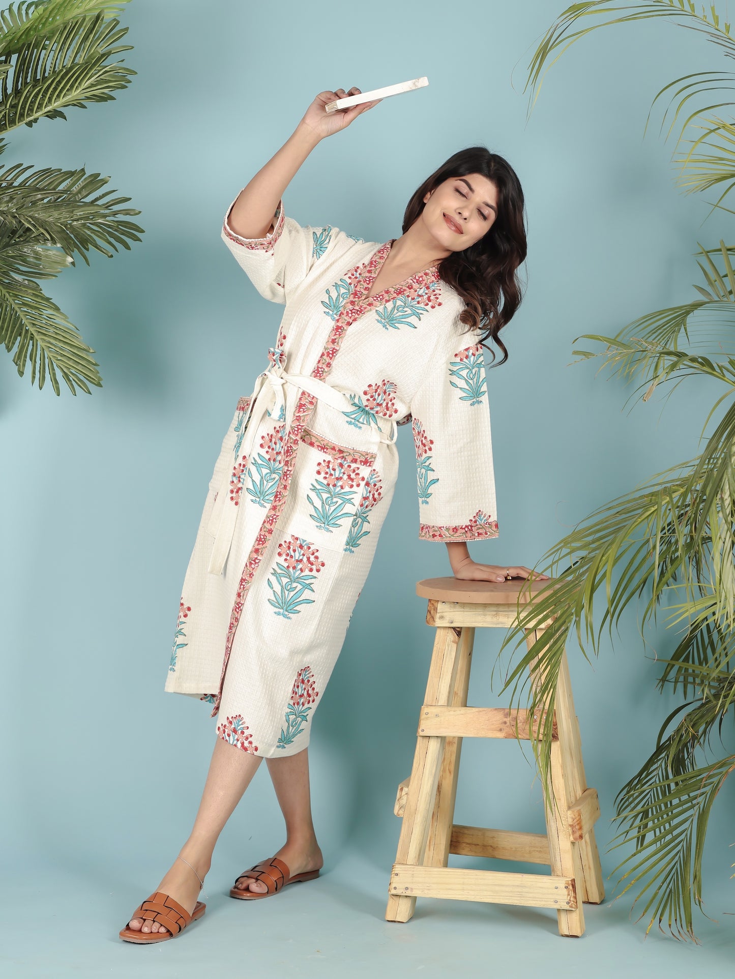 Waffle Cotton Handblock Printed Unisex Bathrobe - Free Size