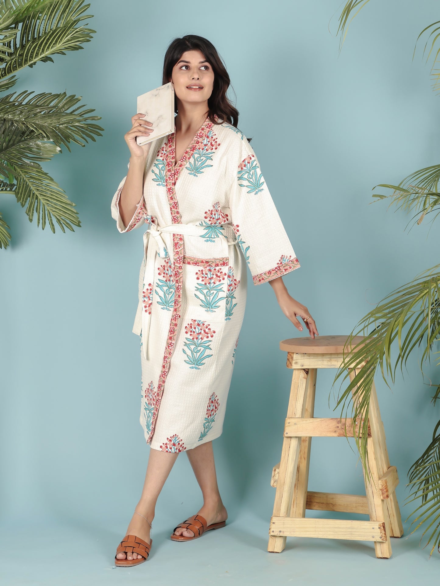 Waffle Cotton Handblock Printed Unisex Bathrobe - Free Size