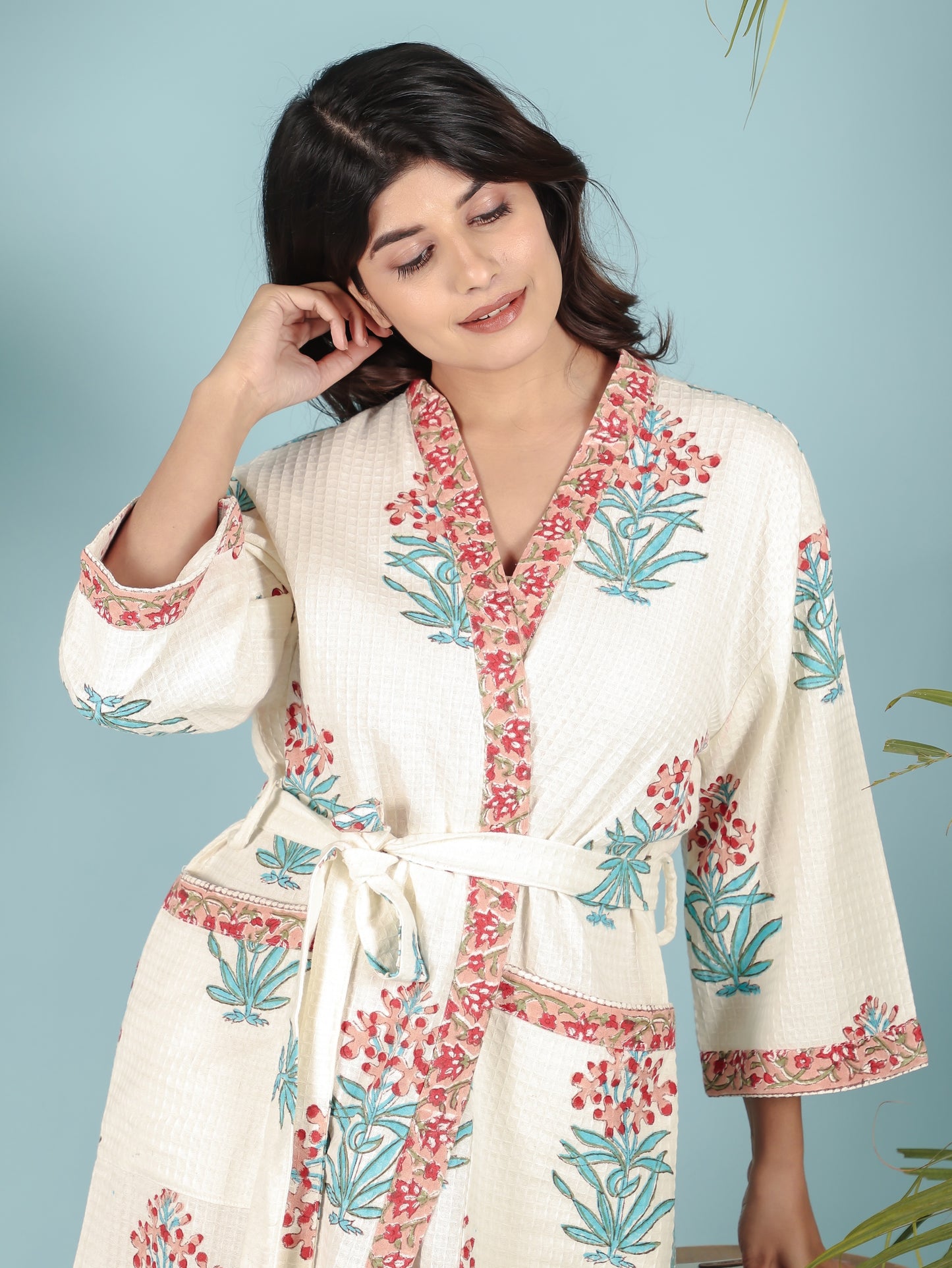 Waffle Cotton Handblock Printed Unisex Bathrobe - Free Size