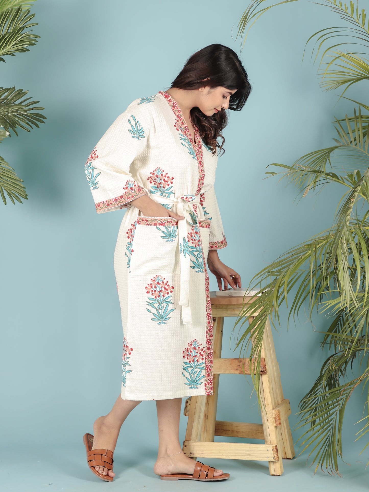 Waffle Cotton Handblock Printed Unisex Bathrobe - Free Size