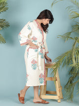 Waffle Cotton Handblock Printed Unisex Bathrobe - Free Size