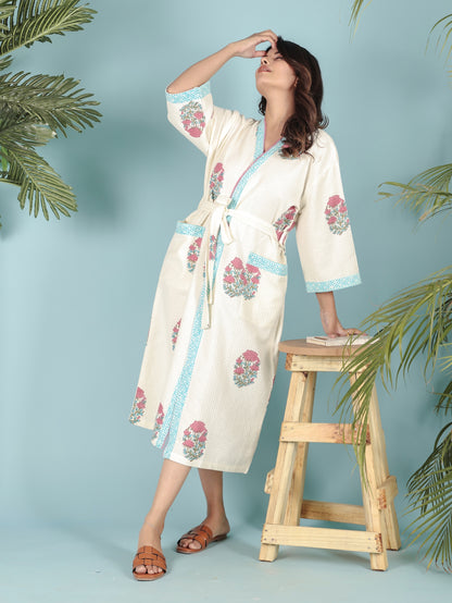 Waffle Cotton Handblock Printed Unisex Bathrobe - Free Size