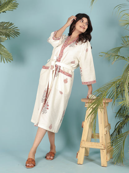 Waffle Cotton Handblock Printed Unisex Bathrobe - Free Size