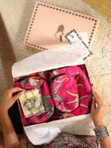 Rakhi Gift Set – Handblock Printed Laptop Sleeve (13" & 15") + 3 Matching Utility Pouches + Set of 2 Silver Ornamental Rakhis
