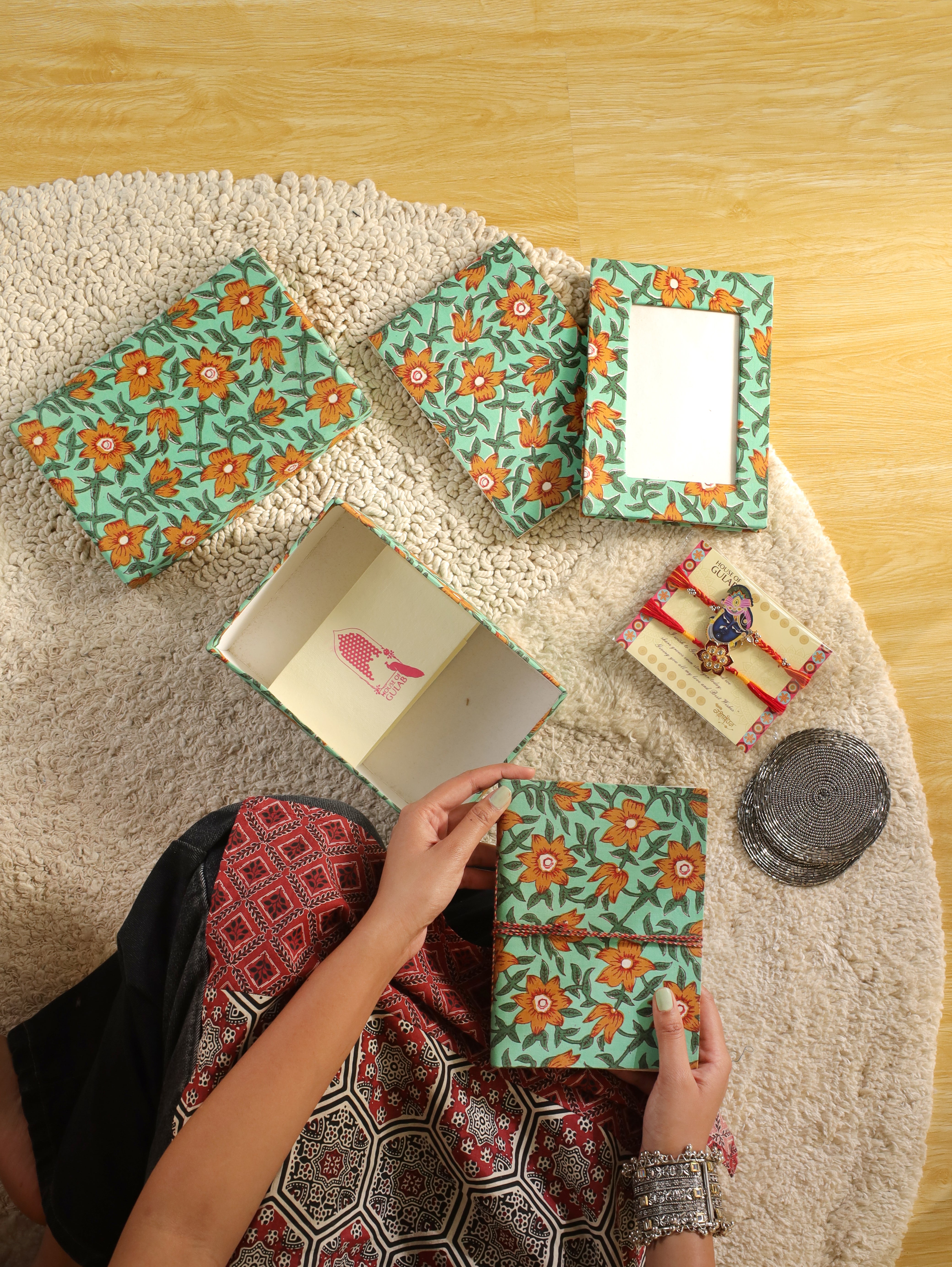 Handmade Diwali Gift Box – Stationery & Desk Essentials Set (Diary, Notepad, Photo Frame, Rakhi Set & Coasters)