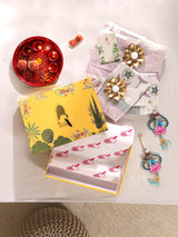 Diwali Gift Box | 1 Super Soft Percale Bedsheet, 1 Pair Door Hanging, 2 Metal Diyas, 2 Laddoo Candles