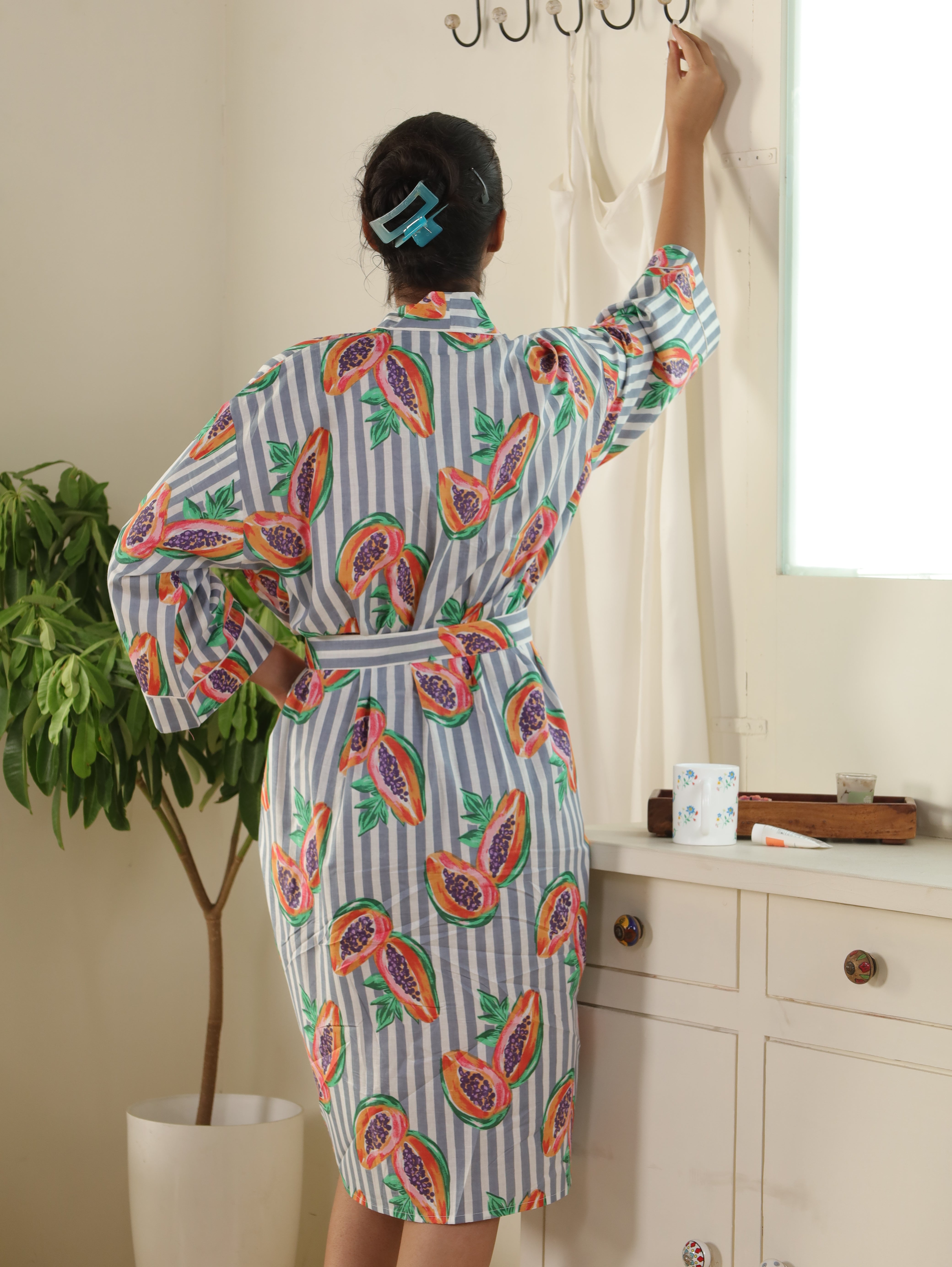 Cotton Kimono Handblock Printed Unisex Bathrobe - Free Size