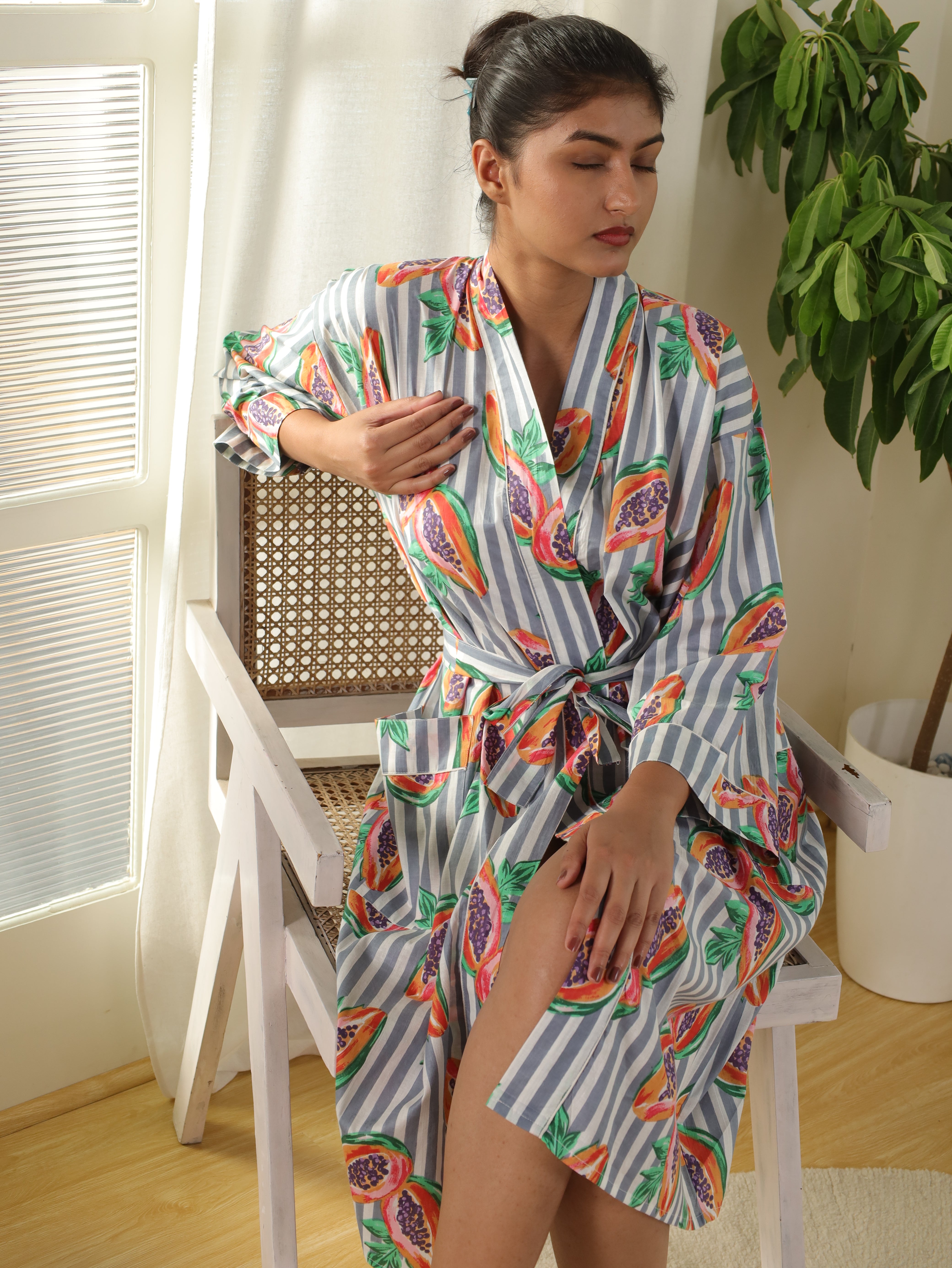 Cotton Kimono Handblock Printed Unisex Bathrobe - Free Size