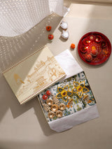 Diwali Gift Box | 1 Premium Super King Bedsheet, 1 Pair Door Hanging, 1 Metal Urli, 2 Laddoo Candles
