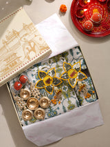 Diwali Gift Box | 1 Premium Super King Bedsheet, 1 Pair Door Hanging, 1 Metal Urli, 2 Laddoo Candles
