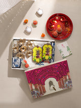 Diwali Gift Box | 1 Double Bedsheet, 1 Pair Door Hanging, 1 Metal Urli, 2 Laddoo Candles