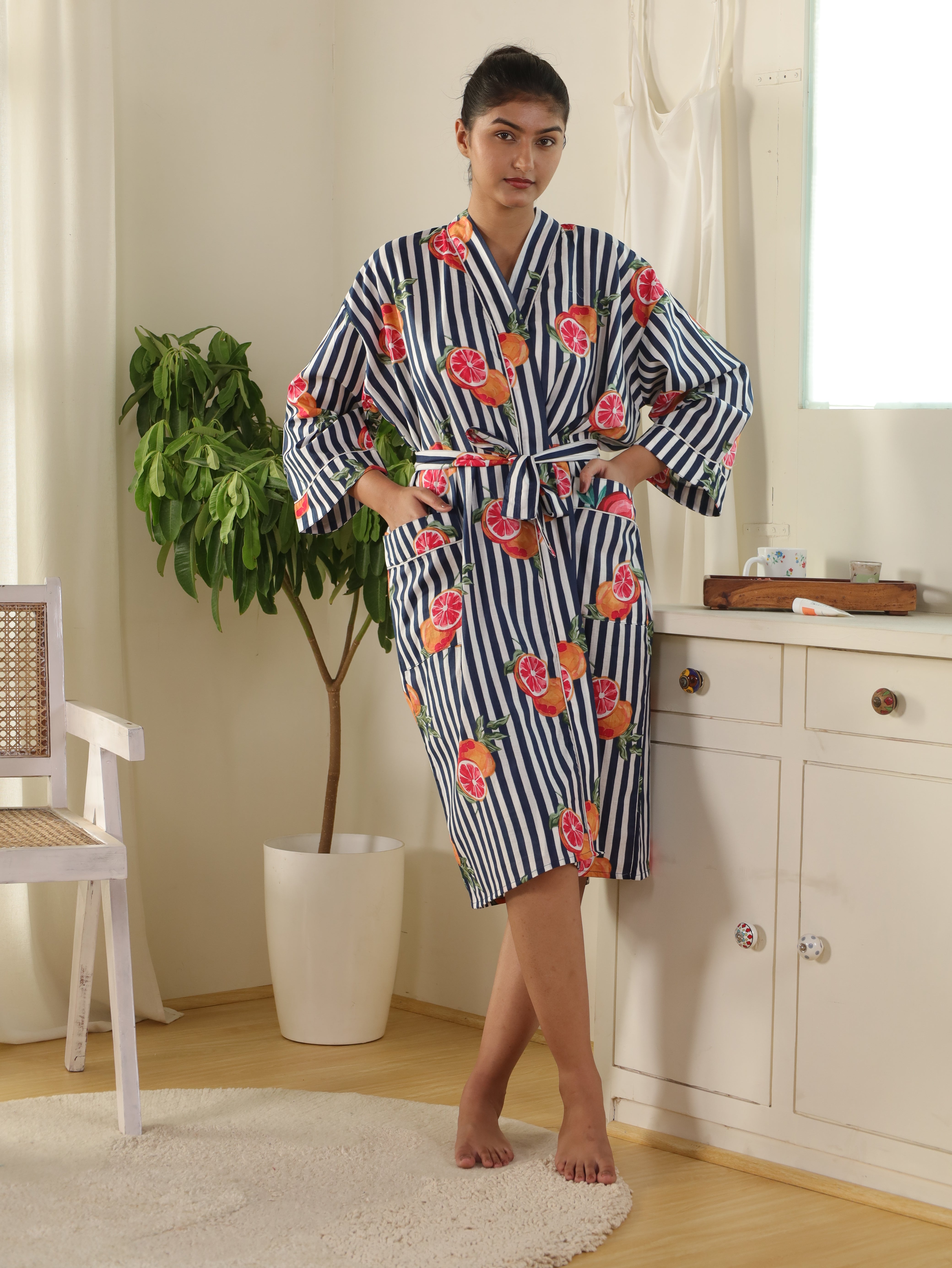 Cotton Kimono Handblock Printed Unisex Bathrobe - Free Size