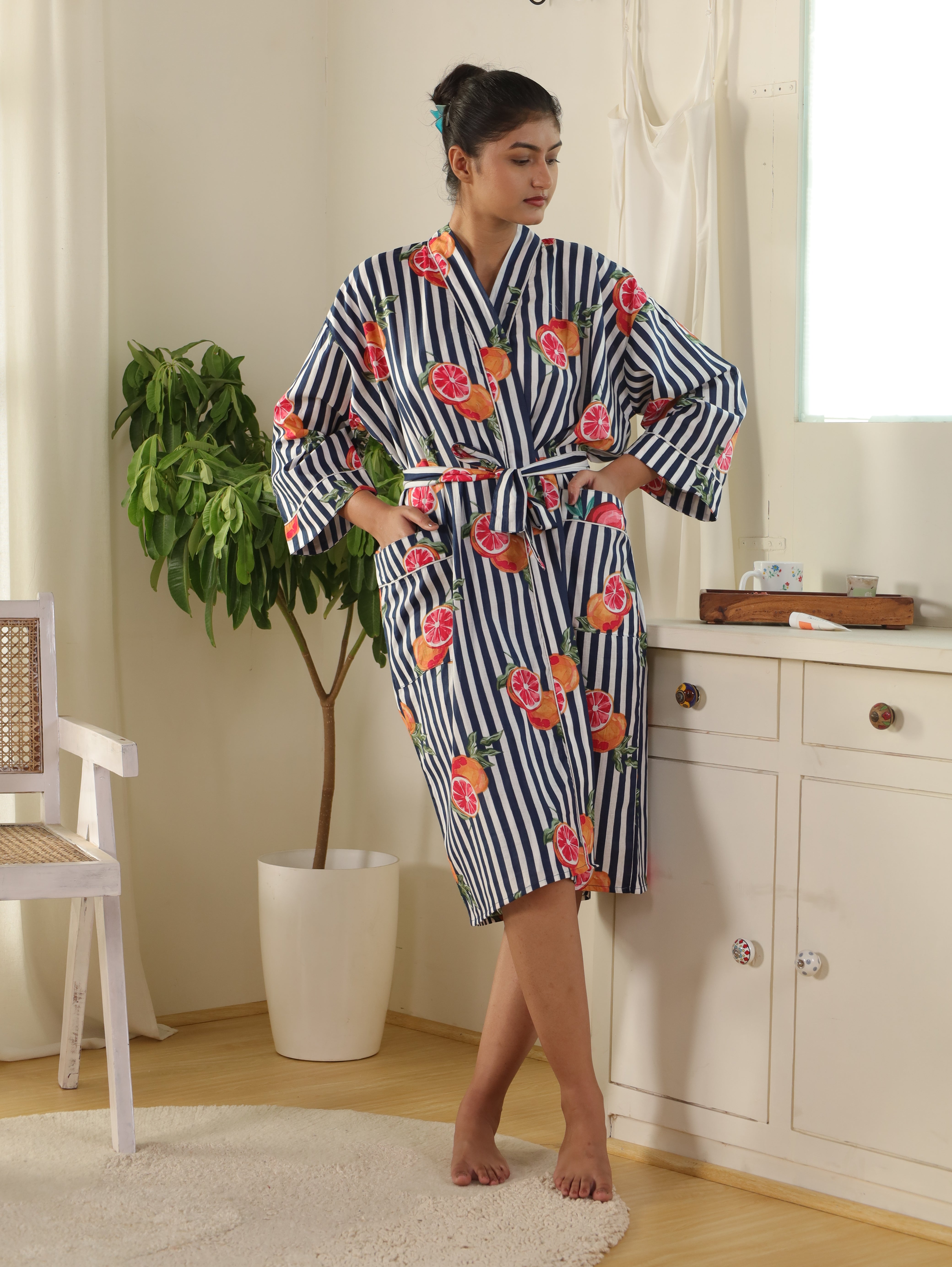 Cotton Kimono Handblock Printed Unisex Bathrobe - Free Size
