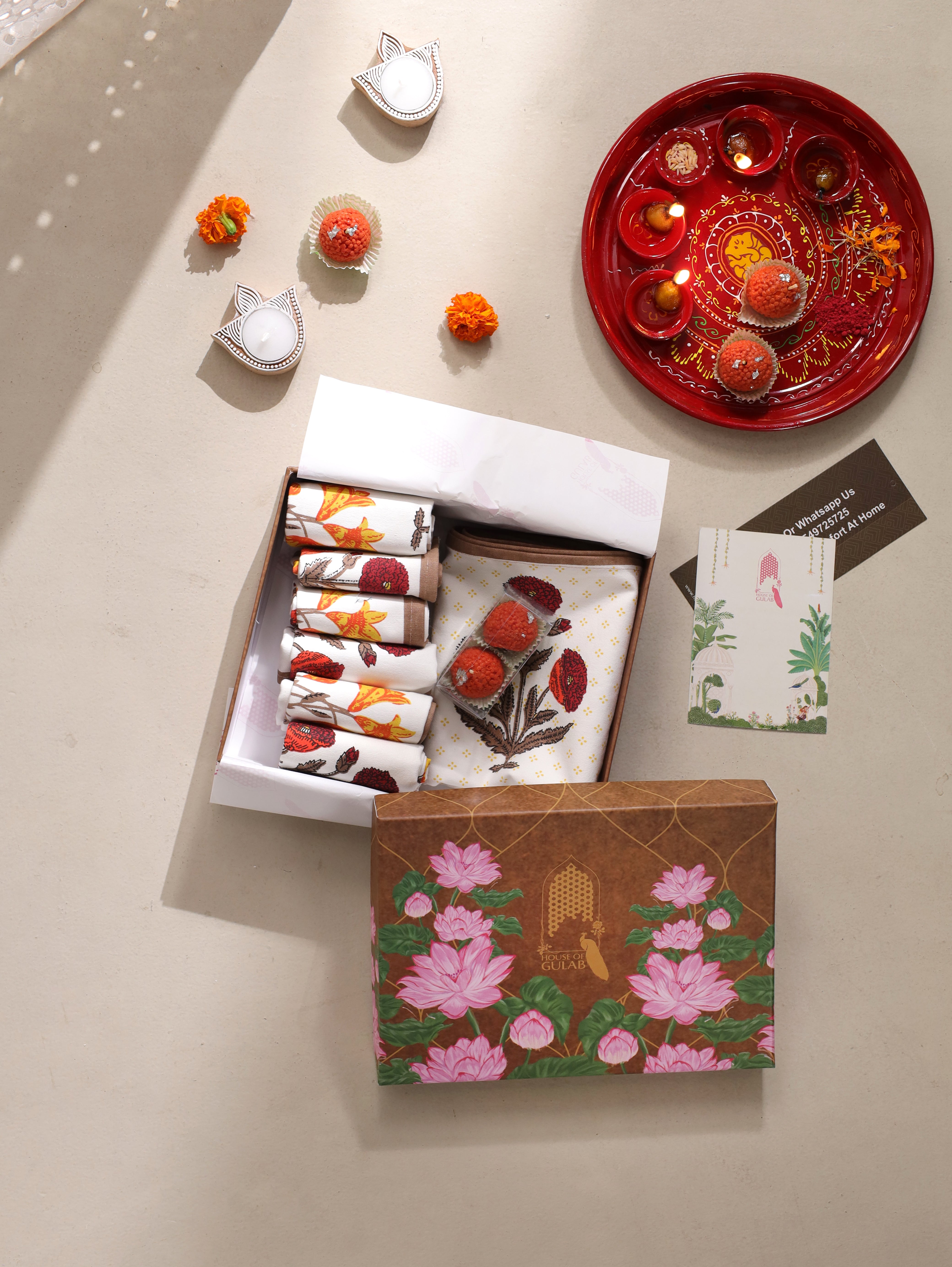 Diwali Gift Box with Handblock Printed Canvas Cotton Table Runner & Set Of 6 Mats, 2 laddoo candles