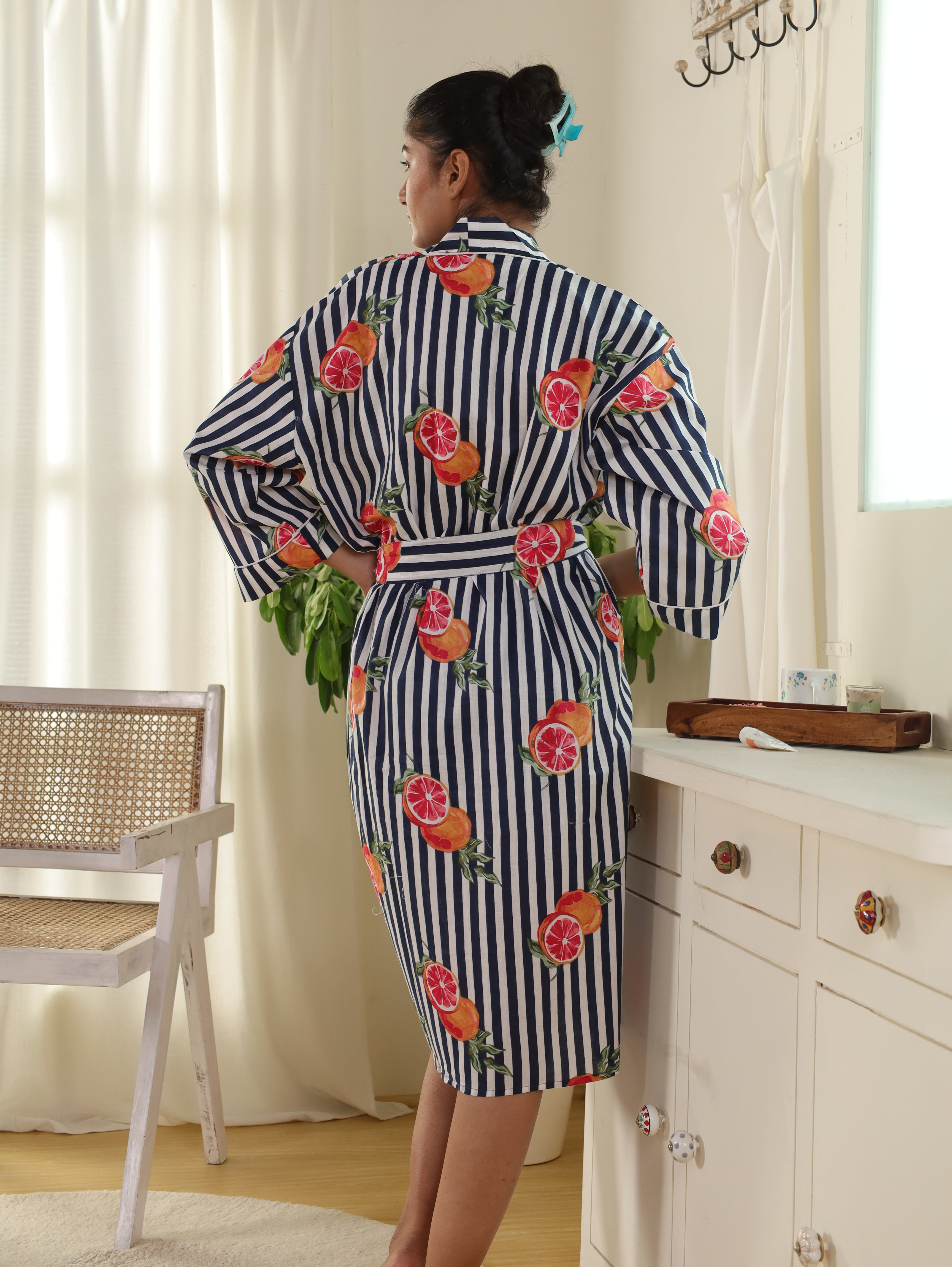 Cotton Kimono Handblock Printed Unisex Bathrobe - Free Size