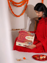 Diwali Gift Box | 1 Double Bedsheet, 1 Pair Door Hanging, 1 Metal Urli, 2 Laddoo Candles