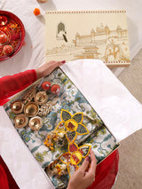Diwali Gift Box | 1 Premium Super King Bedsheet, 1 Pair Door Hanging, 1 Metal Urli, 2 Laddoo Candles