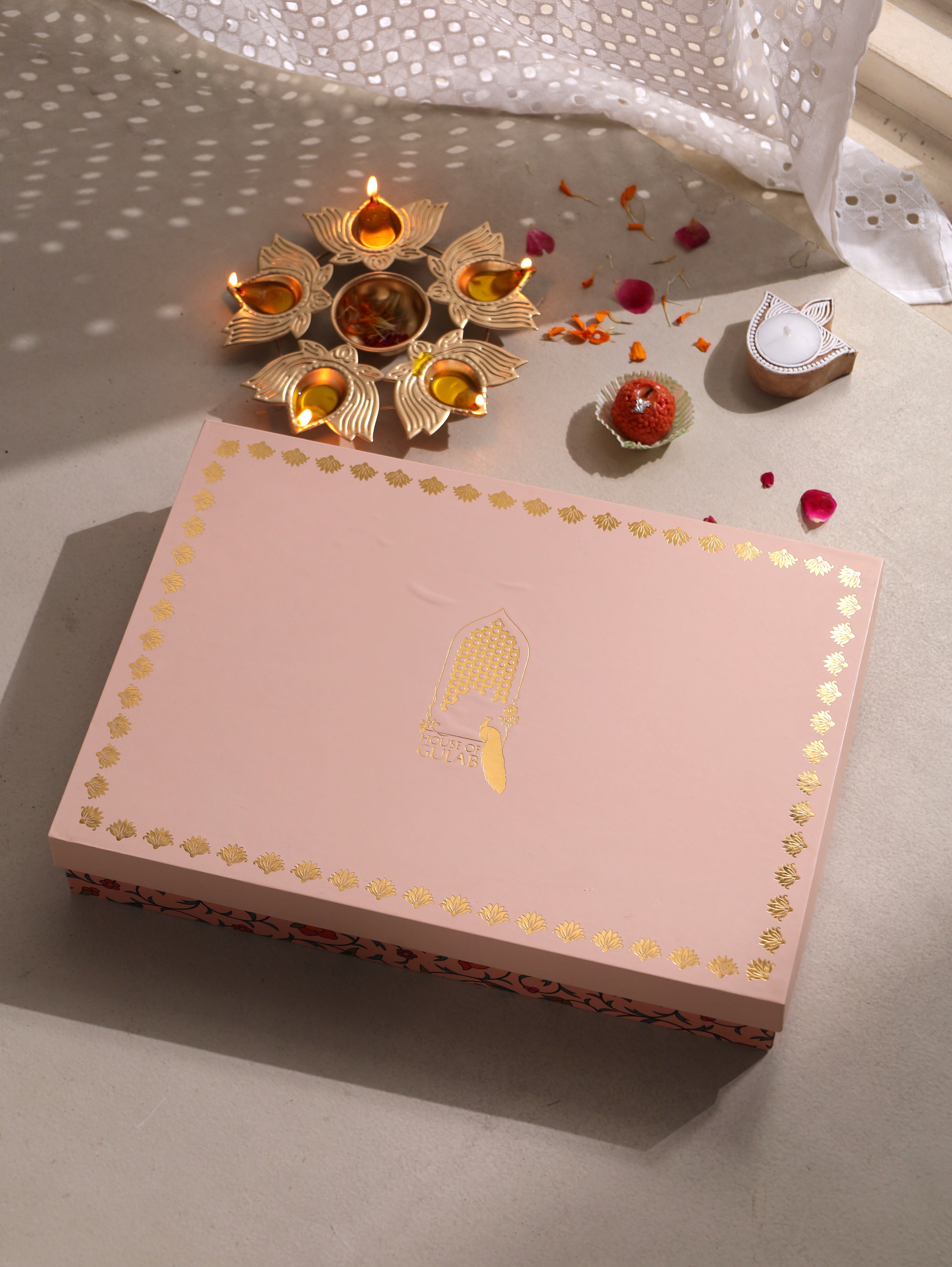 Diwali Gift Box with Banarasi Zari Table Runner, Set Of 6 Mats, 6 coaster & 2 laddoo candles