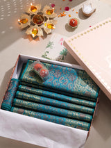Diwali Gift Box with Banarasi Zari Table Runner, Set Of 6 Mats, 6 coaster & 2 laddoo candles