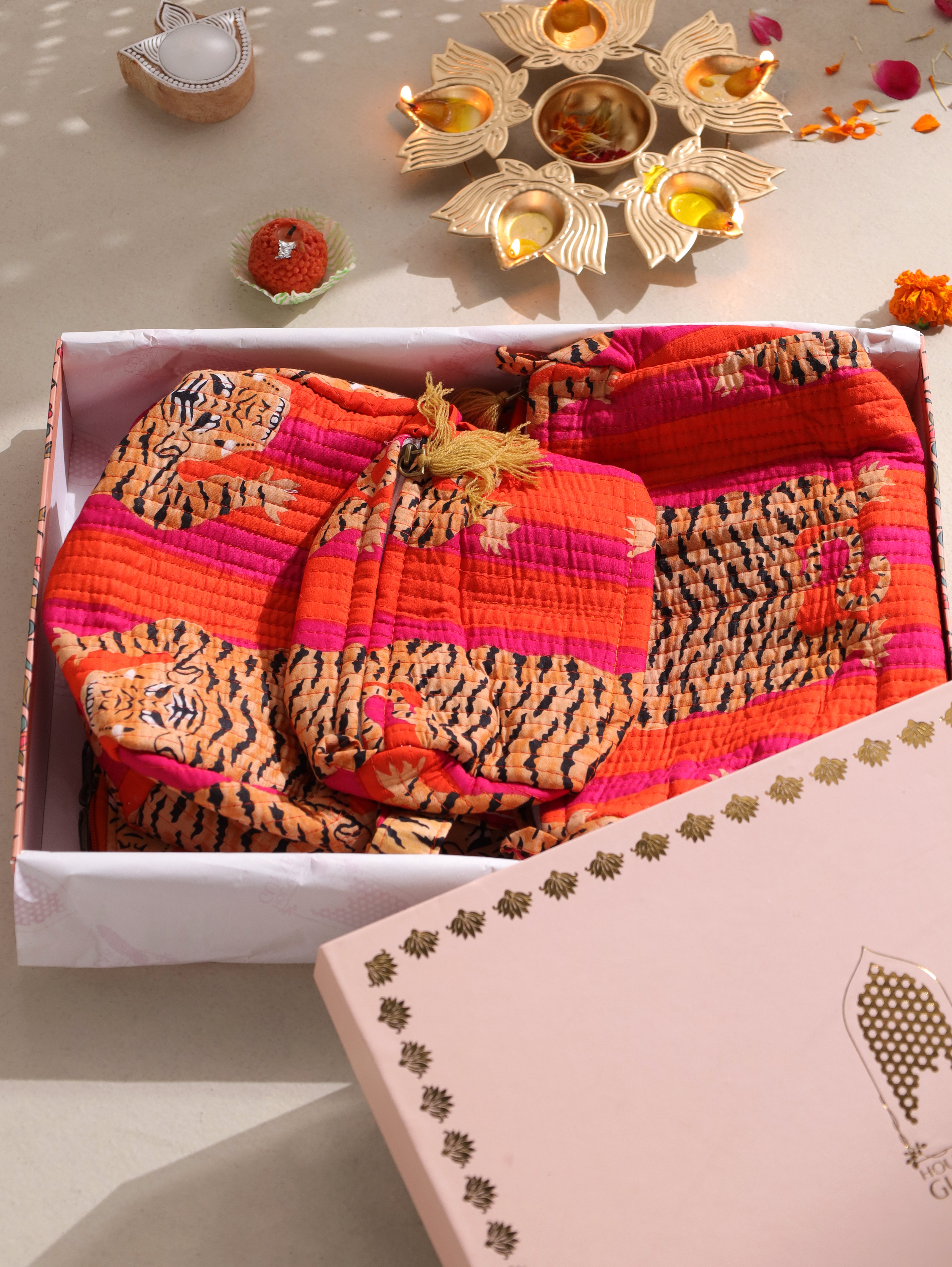 Diwali Gift Set – Handblock Printed Laptop Sleeve (13" & 15") + 3 Matching Utility Pouches + Set of 2 Silver Ornamental Rakhis