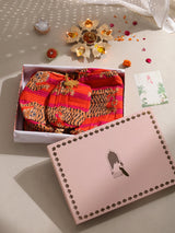 Diwali Gift Set – Handblock Printed Laptop Sleeve (13" & 15") + 3 Matching Utility Pouches + Set of 2 Silver Ornamental Rakhis