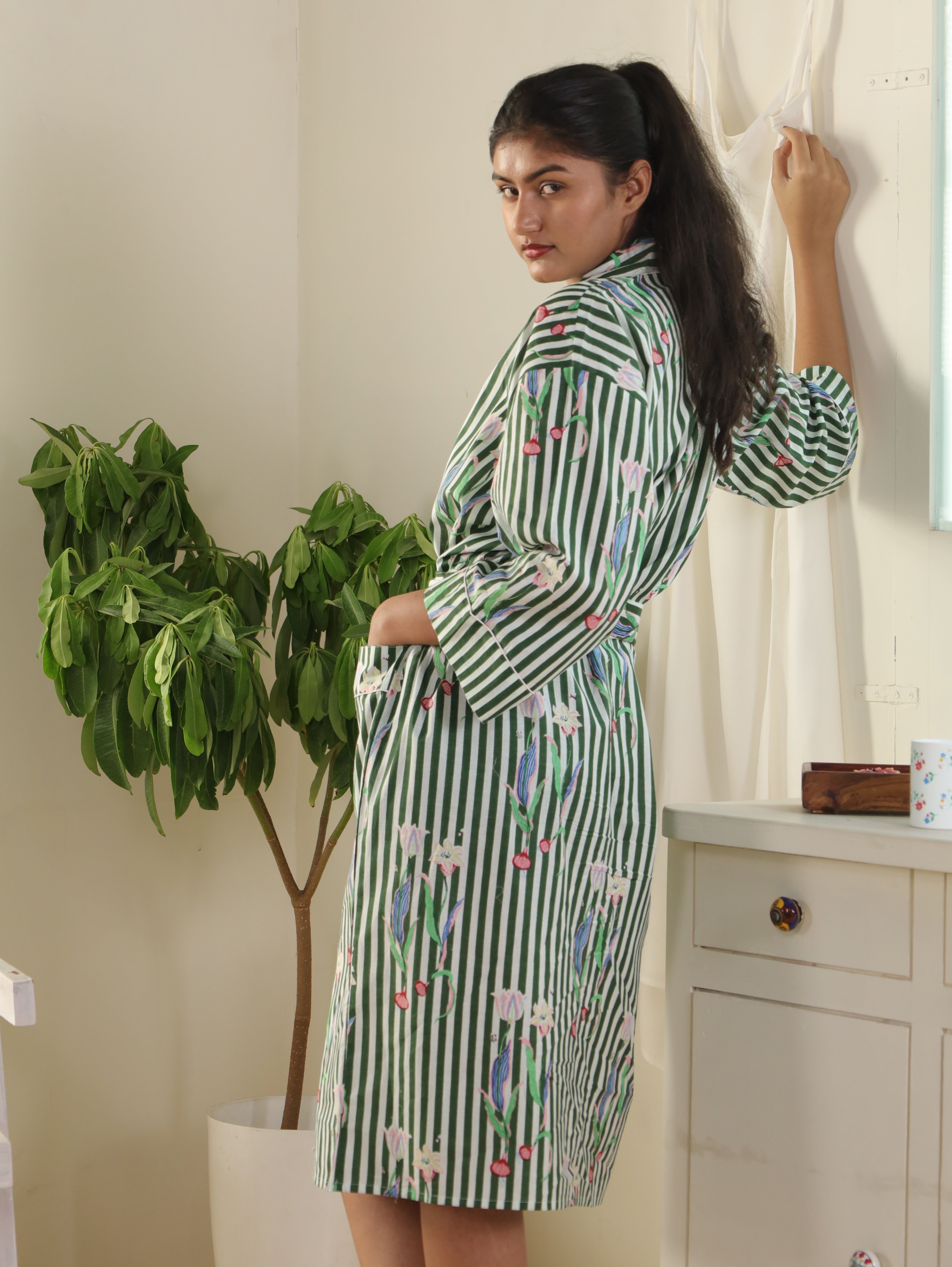 Cotton Kimono Handblock Printed Unisex Bathrobe - Free Size