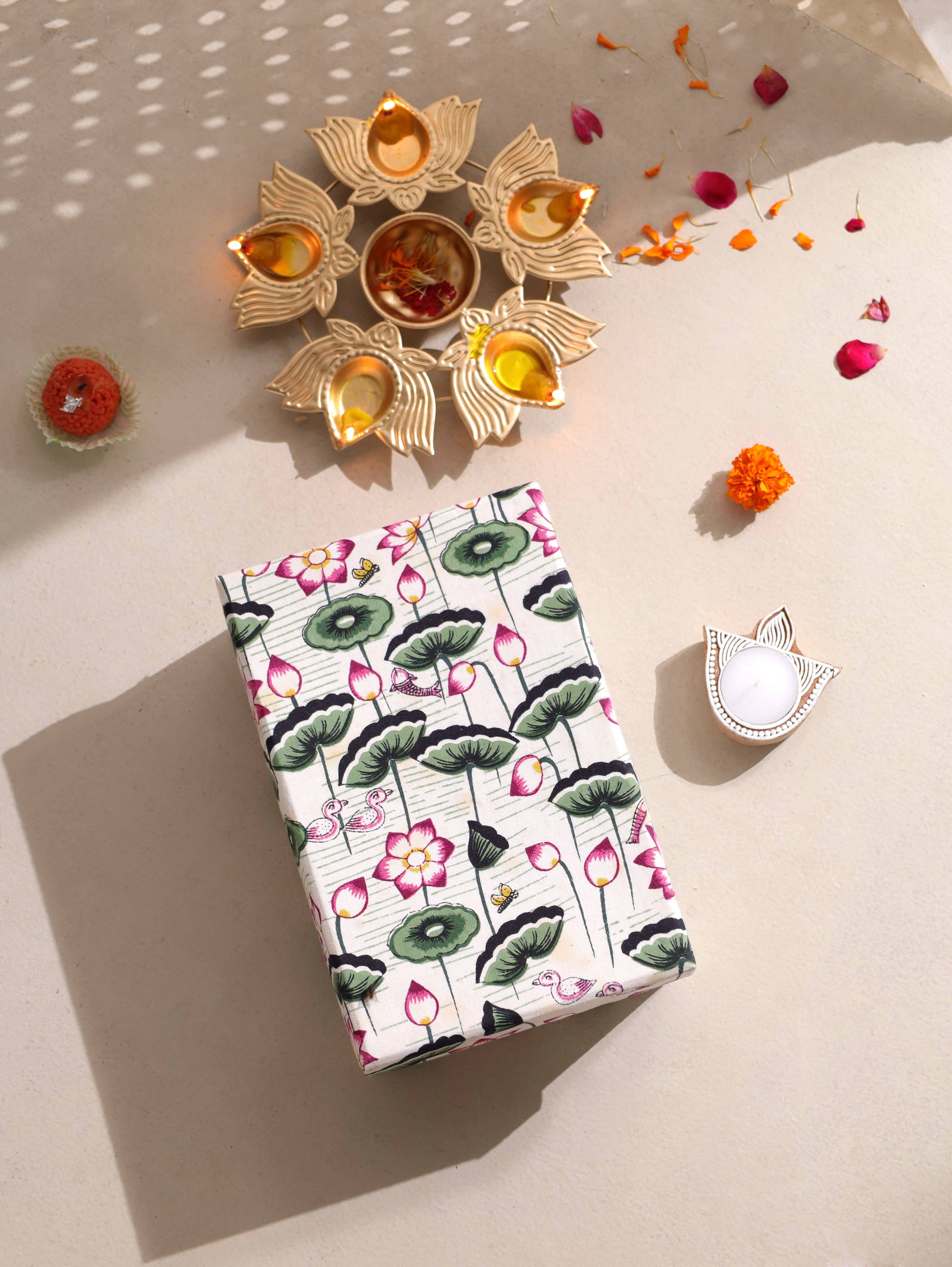 Handmade Diwali Gift Box – Stationery & Desk Essentials Set (Diary, Notepad, Photo Frame, Rakhi Set & Coasters)