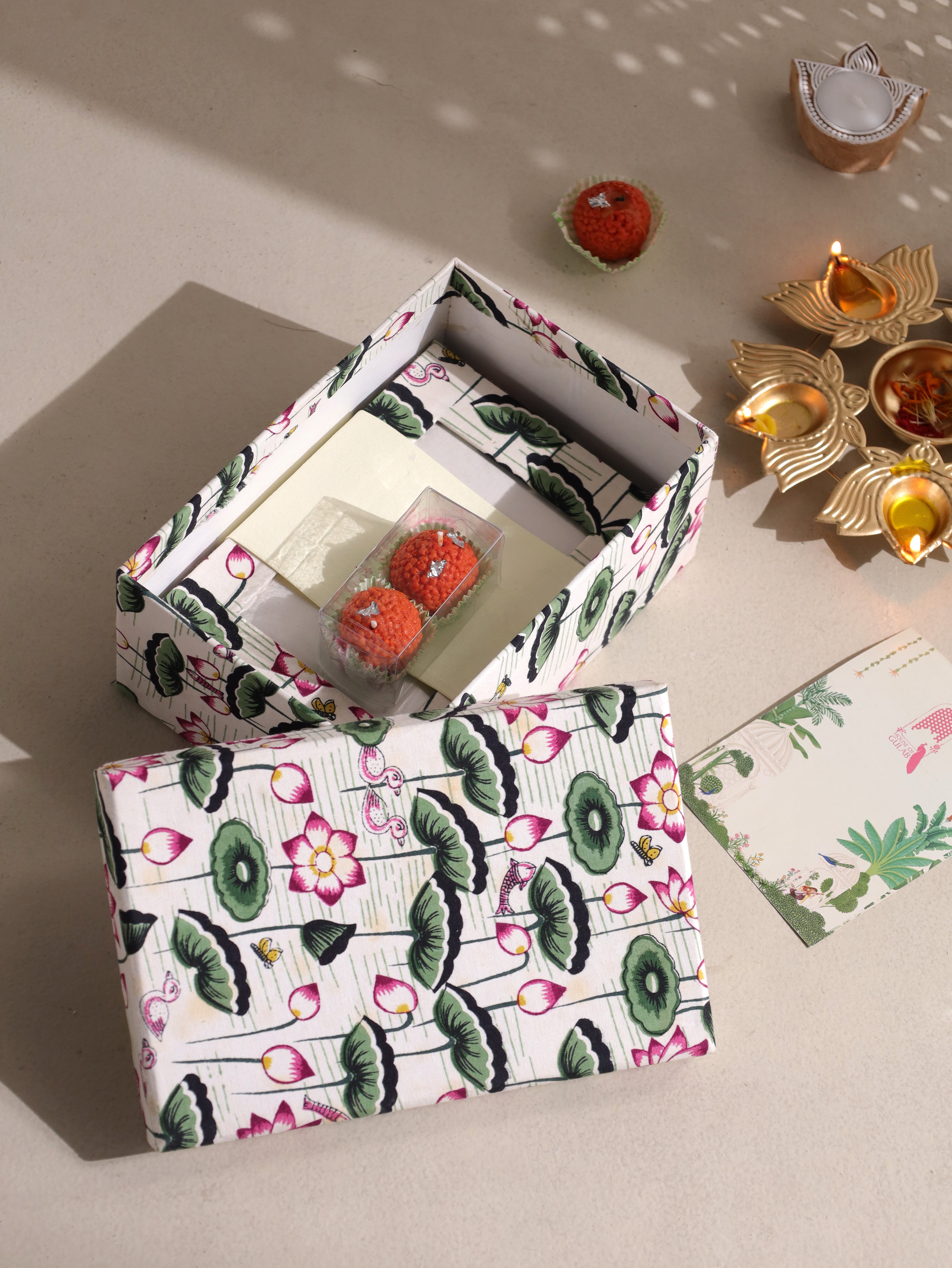 Handmade Diwali Gift Box – Stationery & Desk Essentials Set (Diary, Notepad, Photo Frame, Rakhi Set & Coasters)