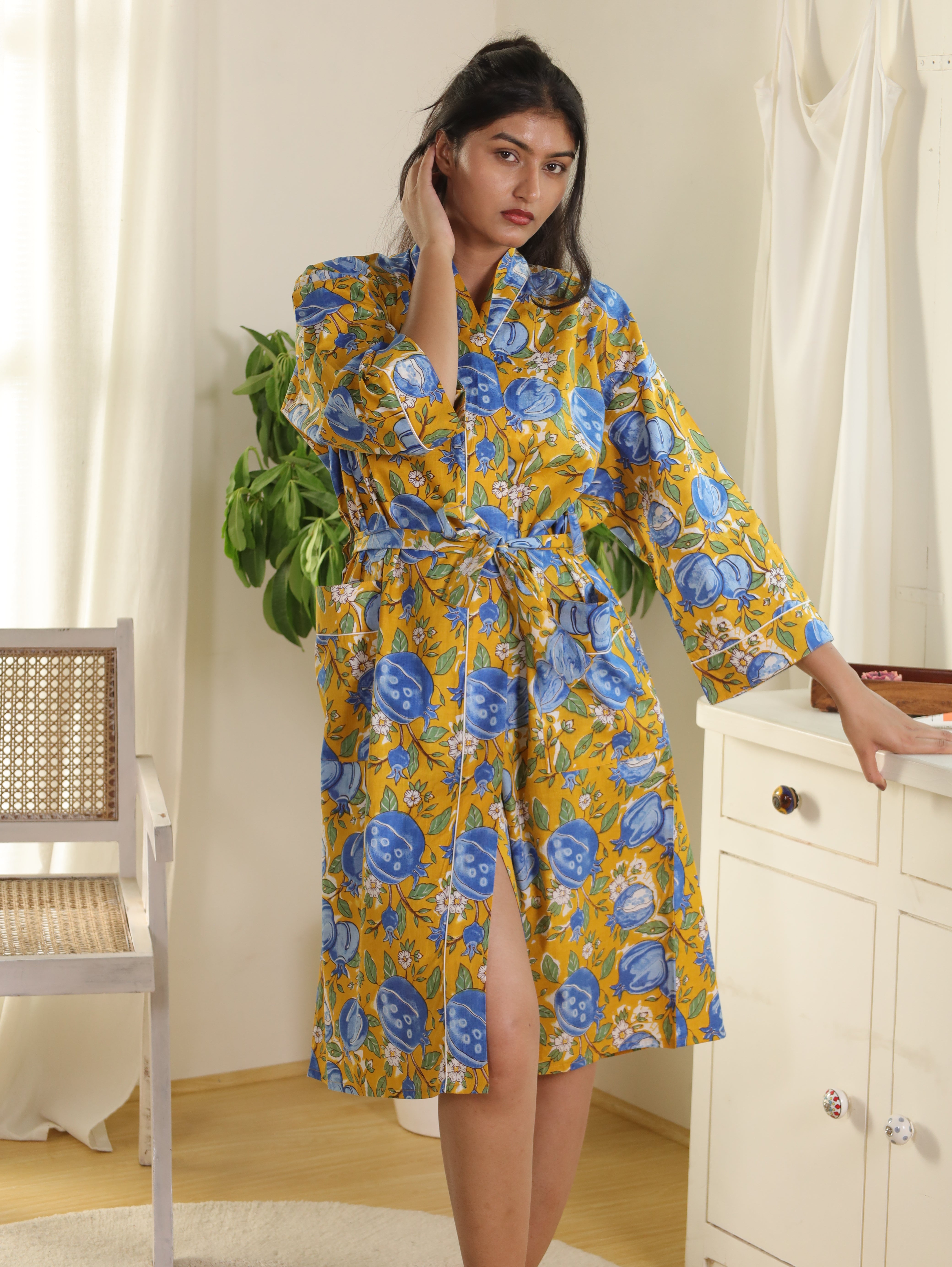 Cotton Kimono Handblock Printed Unisex Bathrobe - Free Size