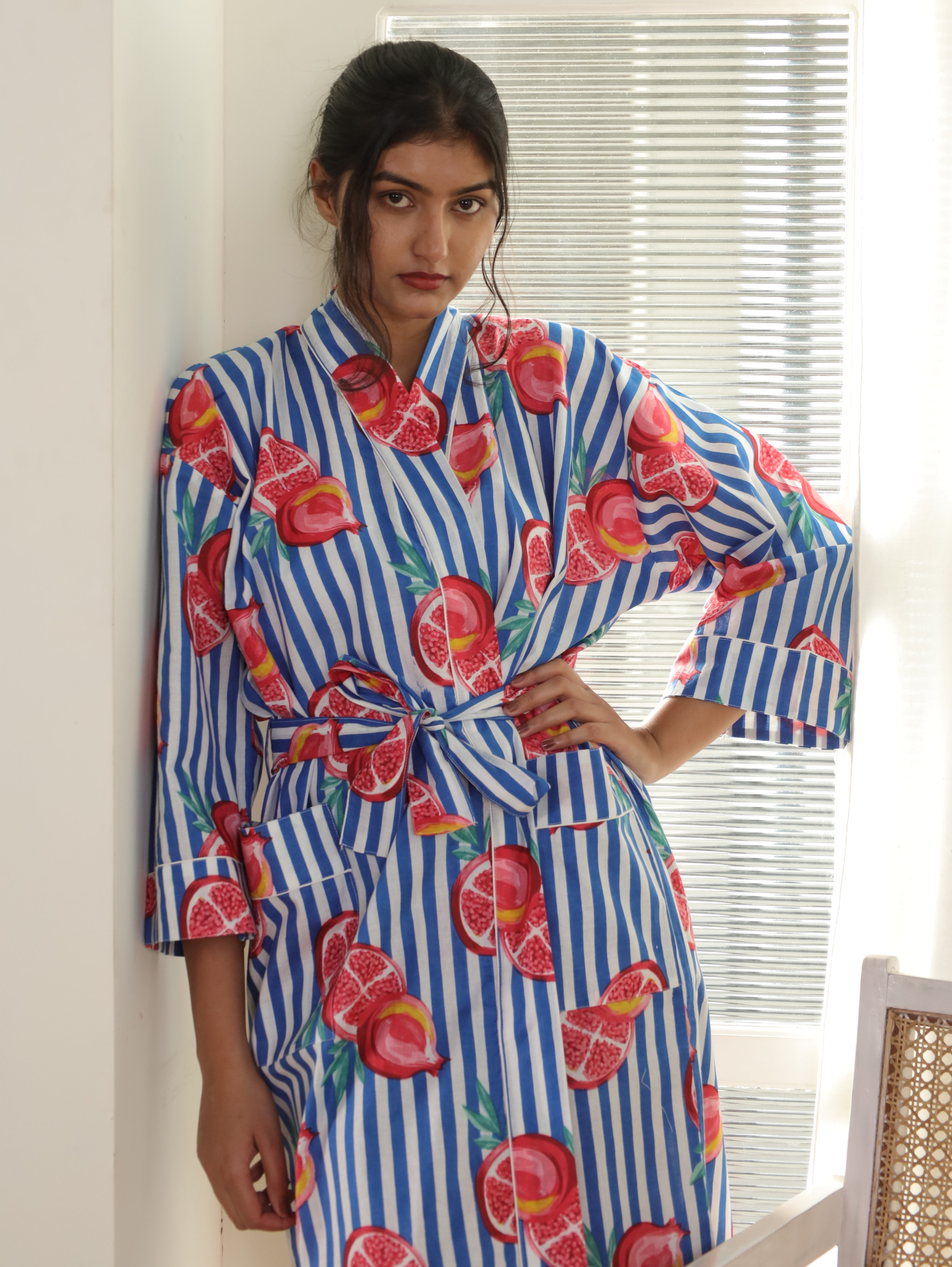 Cotton Kimono Handblock Printed Unisex Bathrobe - Free Size
