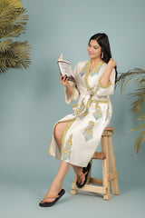 Waffle Cotton Handblock Printed Unisex Bathrobe - Free Size