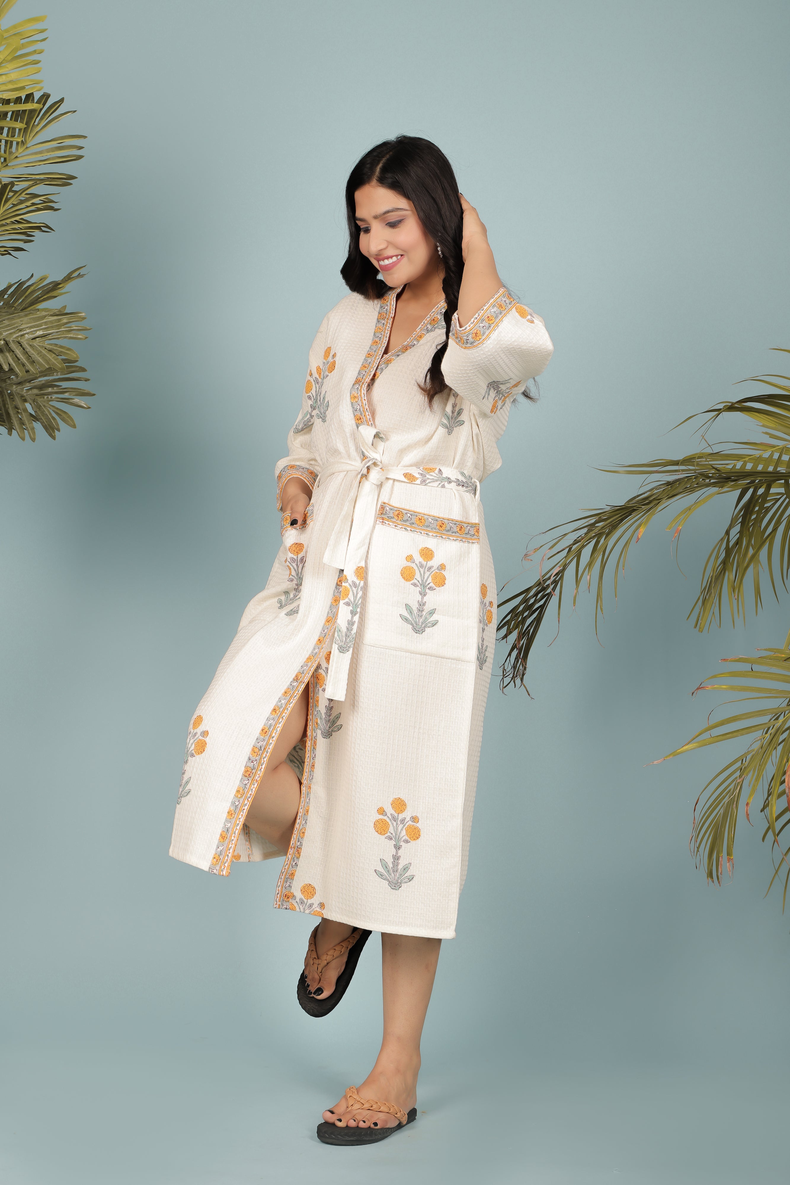 Waffle Cotton Handblock Printed Unisex Bathrobe - Free Size