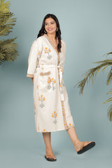 Waffle Cotton Handblock Printed Unisex Bathrobe - Free Size