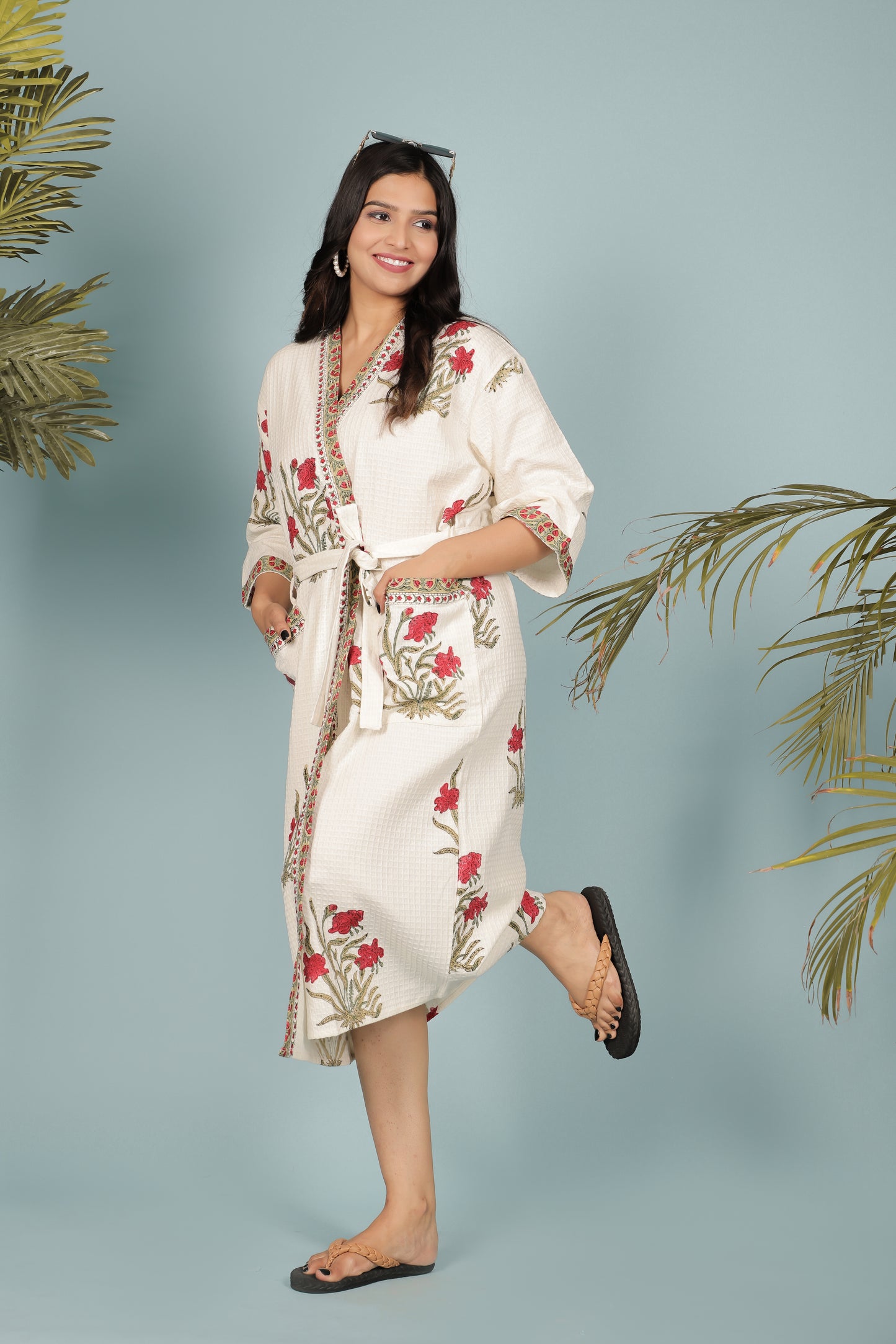 Waffle Cotton Handblock Printed Unisex Bathrobe - Free Size