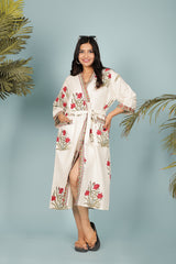 Waffle Cotton Handblock Printed Unisex Bathrobe - Free Size