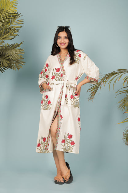 Waffle Cotton Handblock Printed Unisex Bathrobe - Free Size