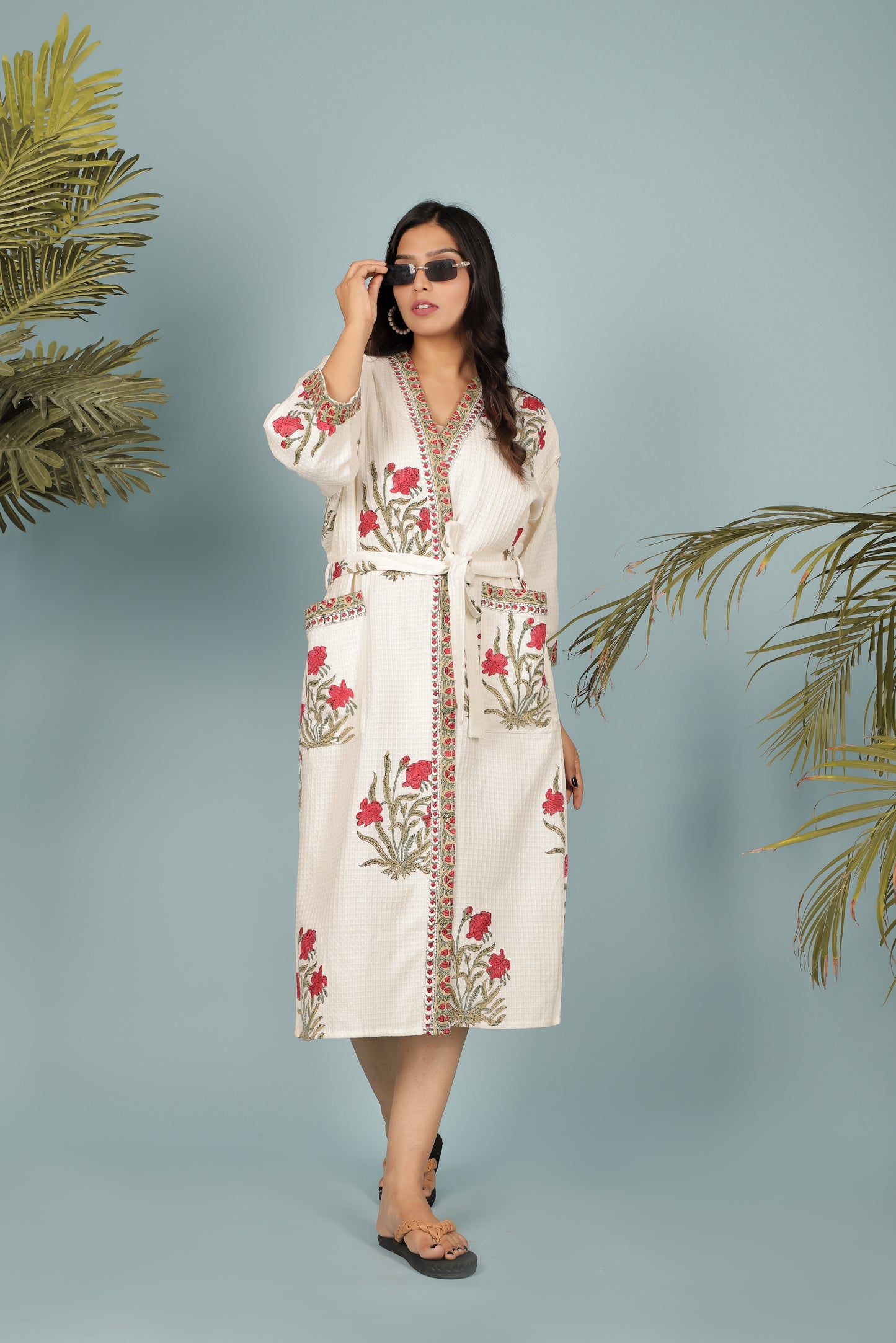 Waffle Cotton Handblock Printed Unisex Bathrobe - Free Size