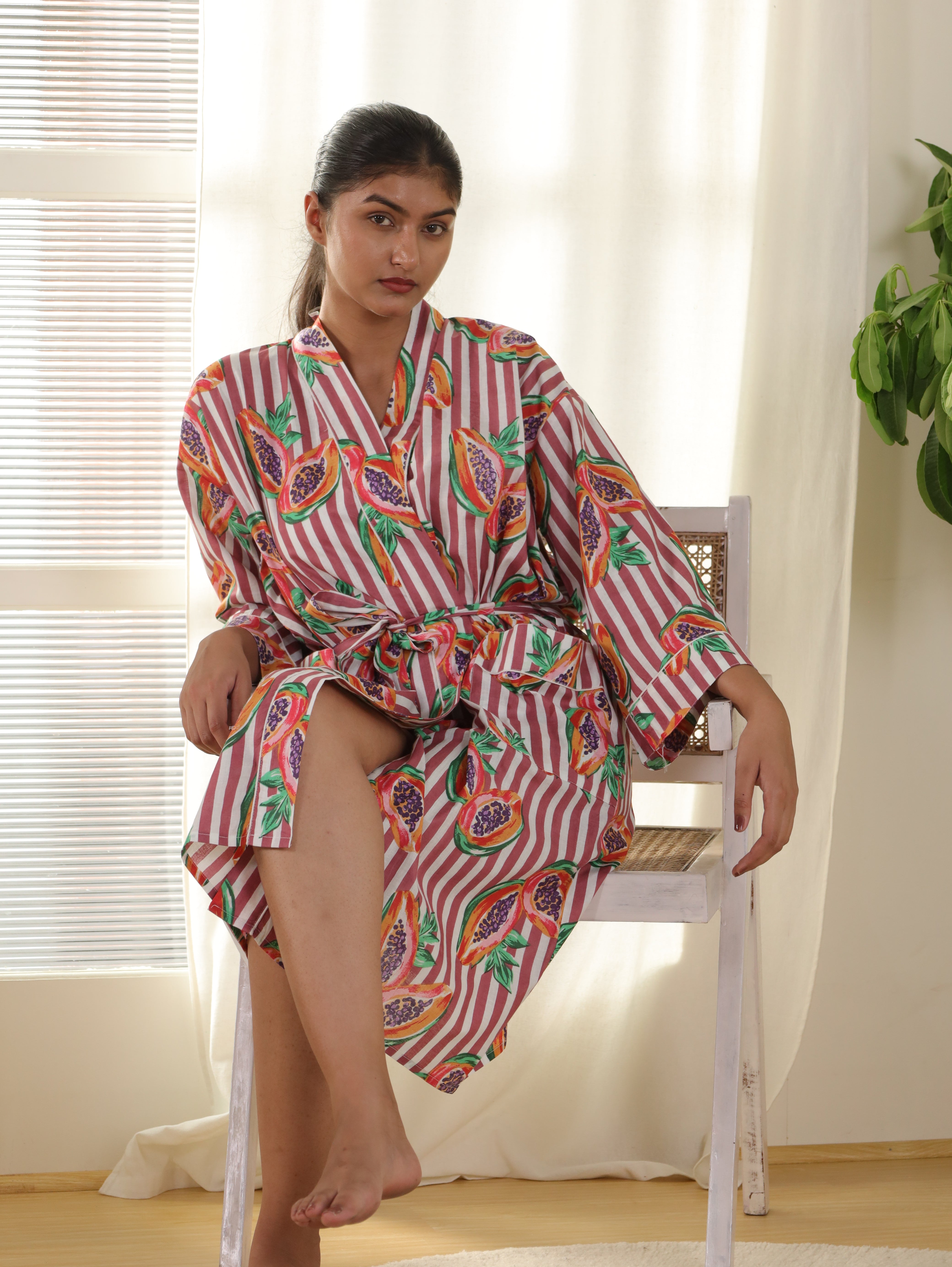 Cotton Kimono Handblock Printed Unisex Bathrobe - Free Size