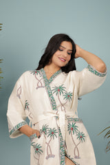 Waffle Cotton Handblock Printed Unisex Bathrobe - Free Size