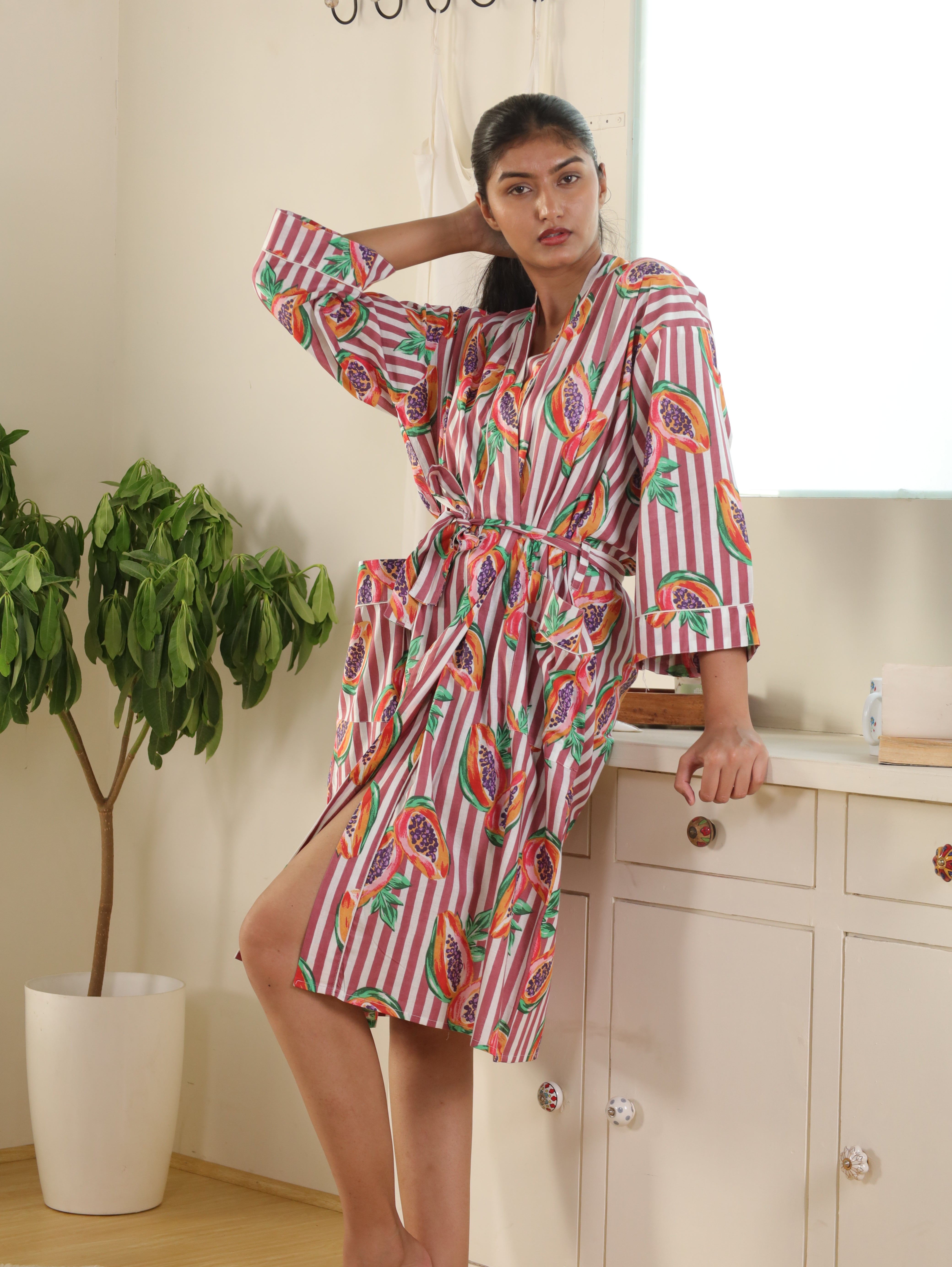 Cotton Kimono Handblock Printed Unisex Bathrobe - Free Size