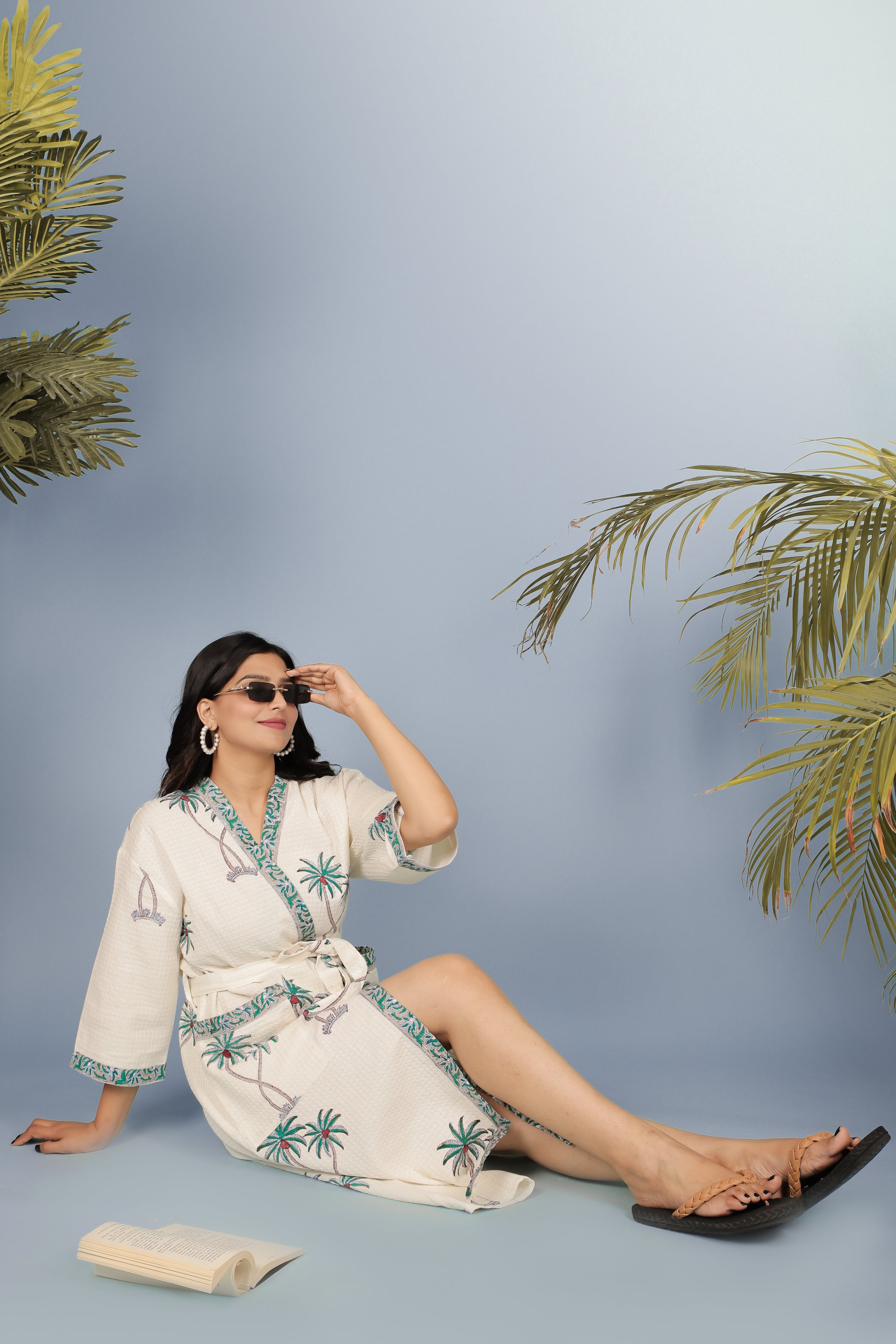 Waffle Cotton Handblock Printed Unisex Bathrobe - Free Size