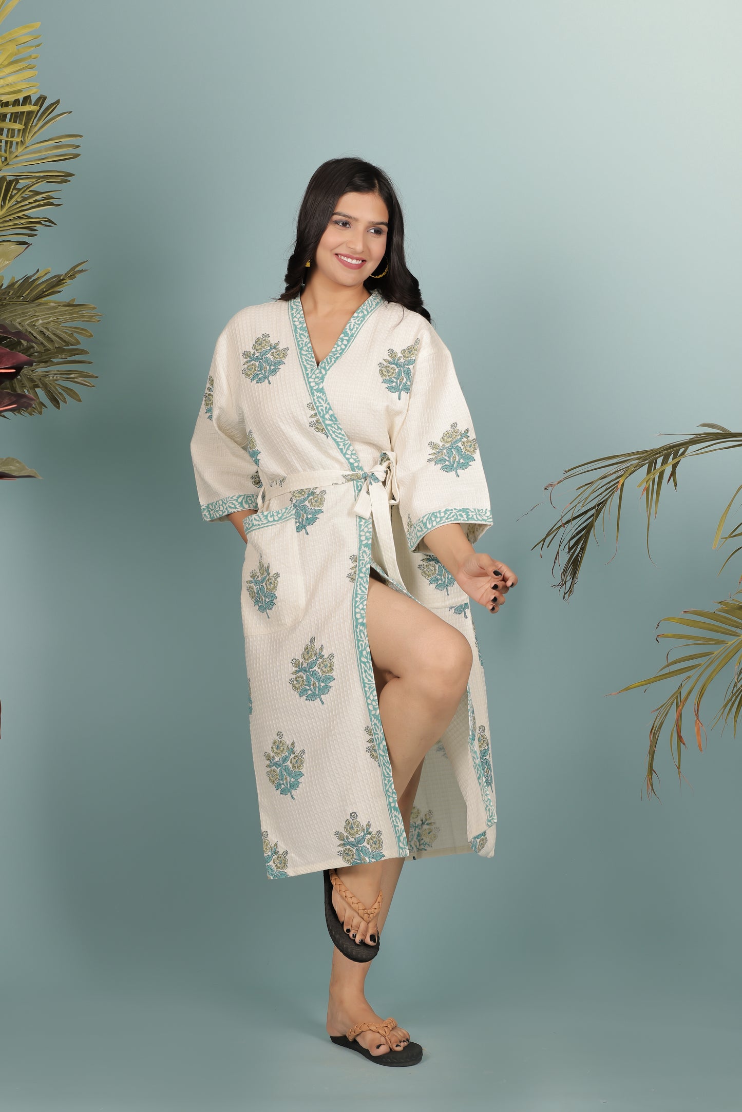 Waffle Cotton Handblock Printed Unisex Bathrobe - Free Size