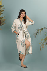 Waffle Cotton Handblock Printed Unisex Bathrobe - Free Size